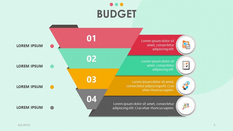 funnel chart for budget presentation in four section with icon and text