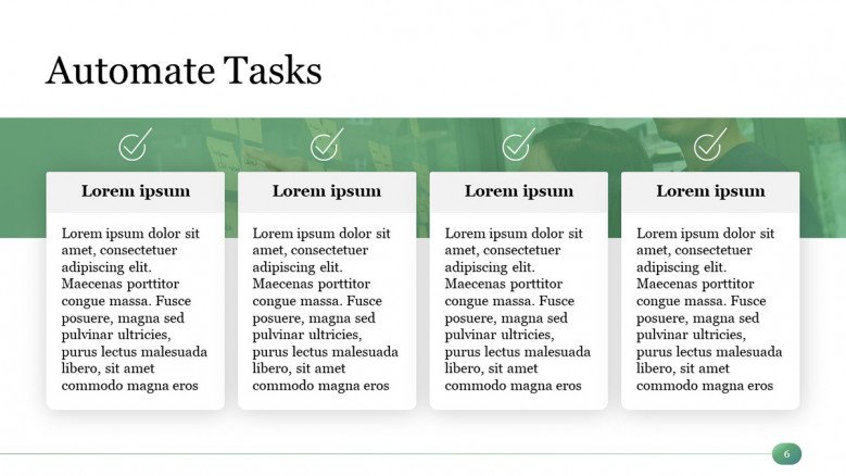 Green Automate Tasks PowerPoint Slide with four boxes