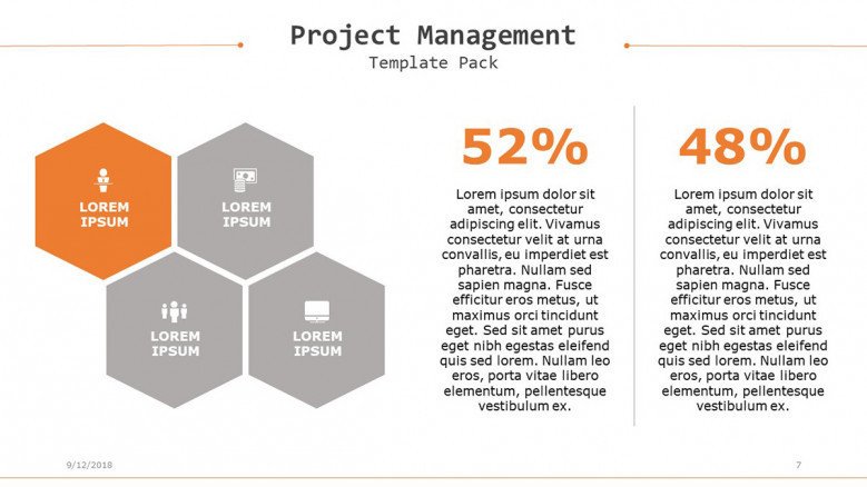 project management slide with data percentage in four segments