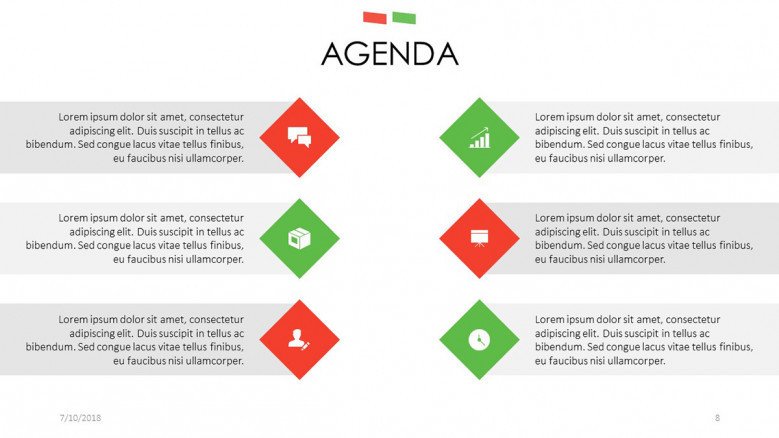 agenda slide with key factors icons and text description