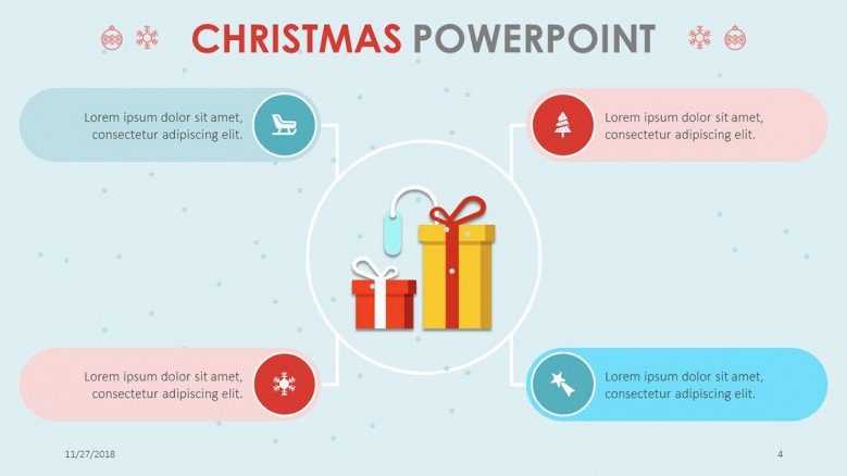text slide in four boxes for christmas themed presentation