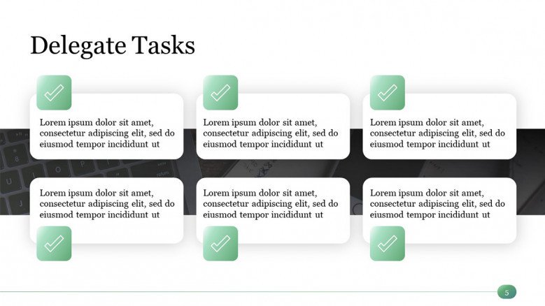 PowerPoint Slide with six boxes for Delegating Tasks