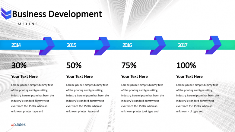Creative business development slide with four section for texts and comparison