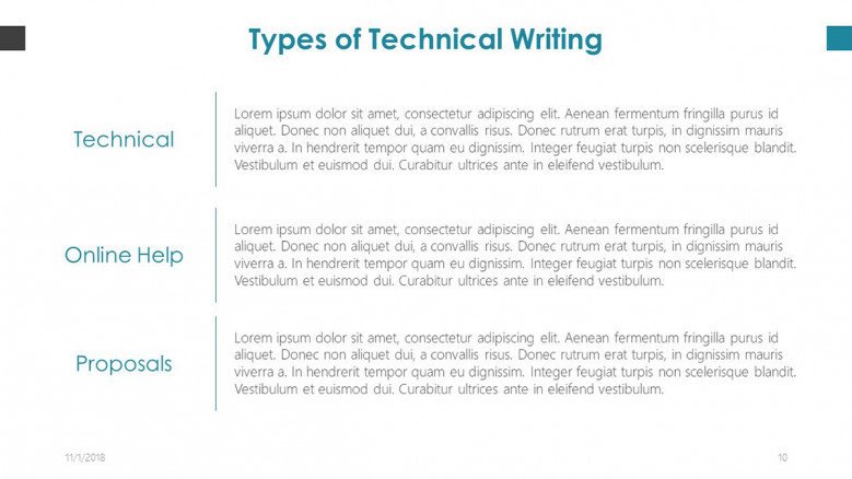 generic text slide on types of technical writing in copywriting