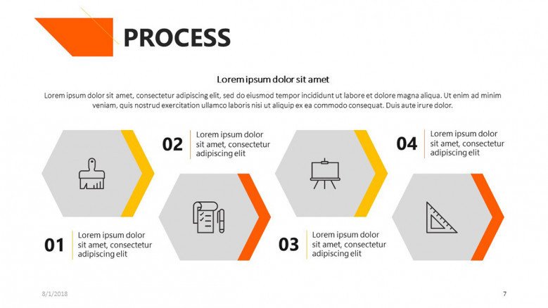 process chart in four steps with icons and description text