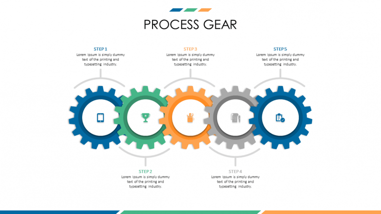 business presentation in process gears slide with five steps