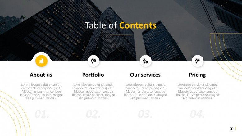 Simple Table of Contents Slide for a creative presentation