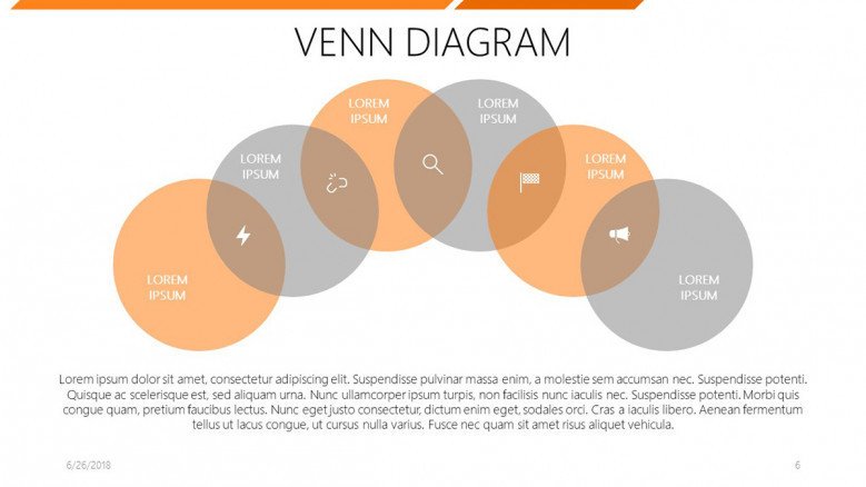 six set venn diagram with icons and text label